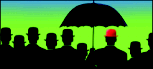 Group of people - only man with umbrella has red hat